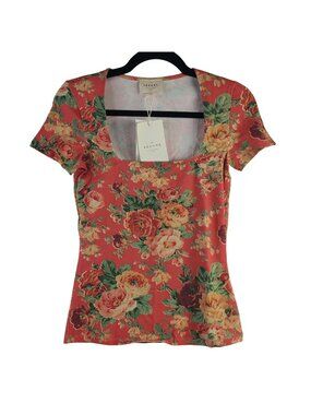 NEW Sézane Amara Floral Print Square Neck T-Shirt Sz Small Coral/Multicolor